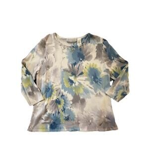 Alfred Dunner Petite Large Floral Knit Top Blue Green Embellished Neck PL